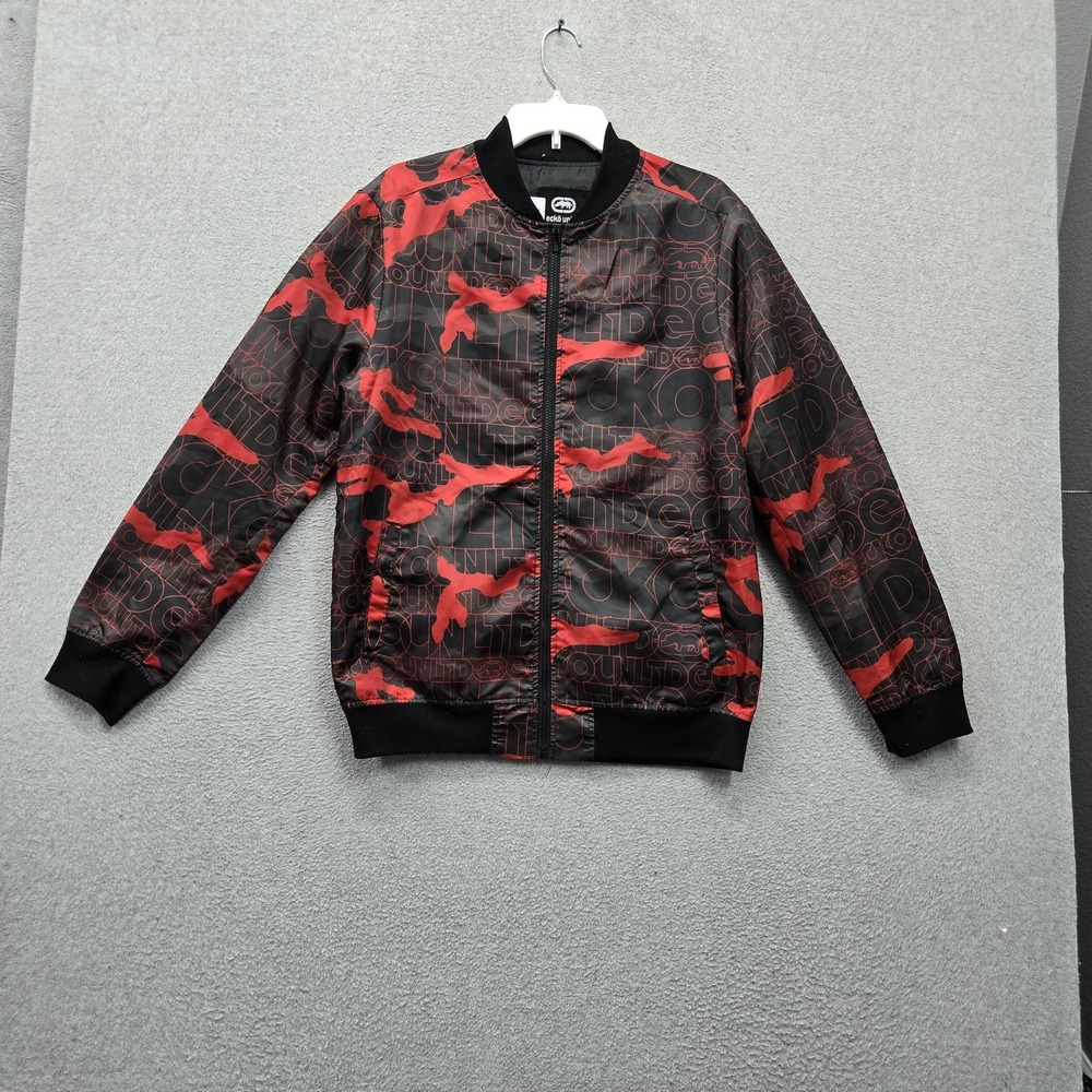 Ecko Unltd. Men Jacket S Black Camouflage Bomber Logo Allover Print Pockets READ